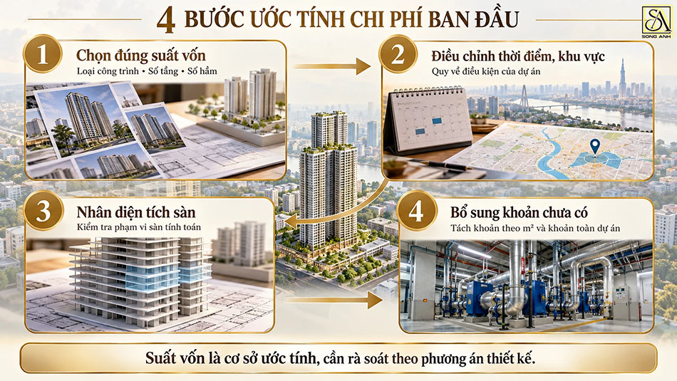 Bốn bước ước tính chi phí từ suất vốn: lựa chọn, điều chỉnh thời điểm và khu vực, nhân diện tích sàn và bổ sung khoản thiếu.